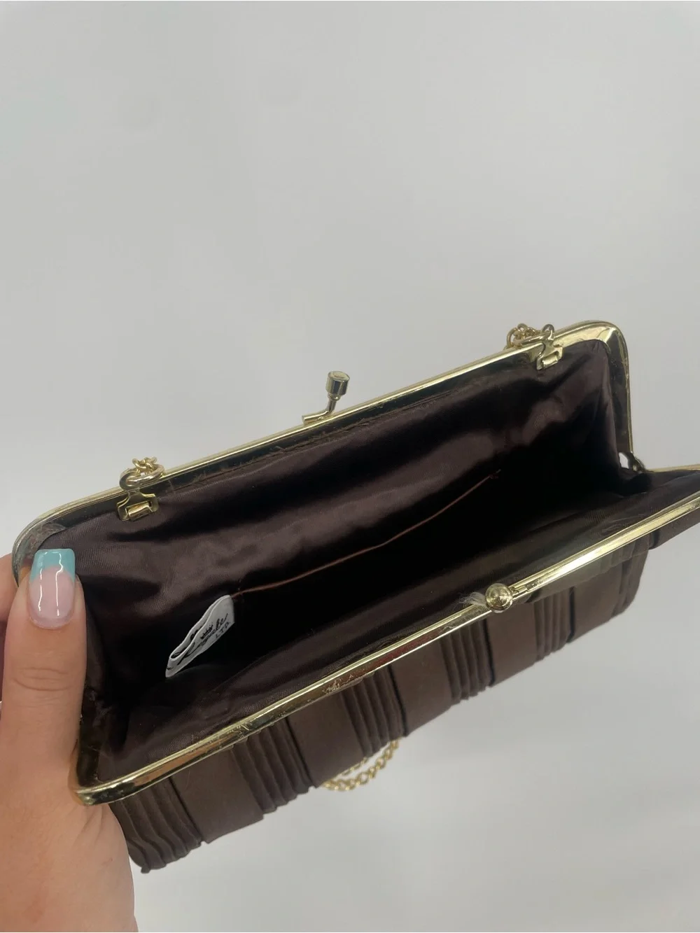 Vintage La Regale Double Chain Handle Brown Pintucked Evening Bag W Coin Purse